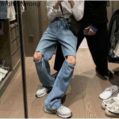 Loose Straight High Waist Slim Wide Leg Hole Ripped Denim Pant Korean Streetwear Harajuku Vintage Casual Fashion Woman Man Jeans