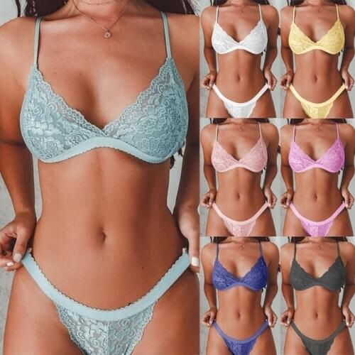 Fashion Womens Two Pieces Lace Lingerie Bra+Briefs Set Solid Color Underwear Bralette Bra and Panties Set
