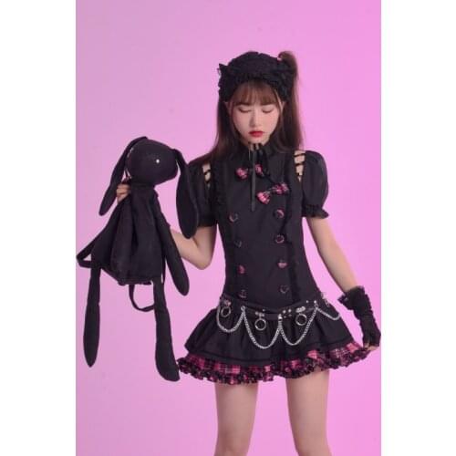 New Harajuku Punk Rock Black Short Sleeve Dress Hot Girl Fashion Temperament Sweet Kawaii Bow Splicing Dress Summer