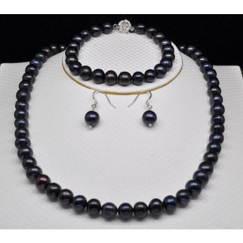 Nice AAA+ 7-8mm Black pearl necklace bracelet earring new
