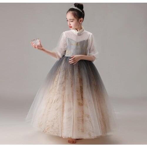 Flower Girl Dresses Illusion Crystal Embroidery High Half Tulle Lace Luxury Elegant Princess Floor-Length Kids Party Gown H329
