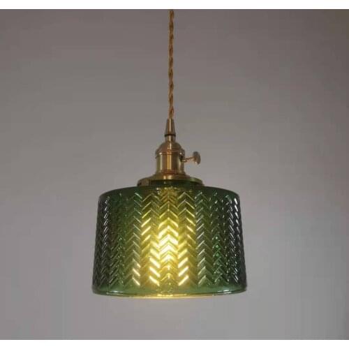 Nordic Vintage Brass Glass Droplight Carved Glass Water Wave Pattern Hanging Lights Copper Pendant Lighting Glass Lampshades
