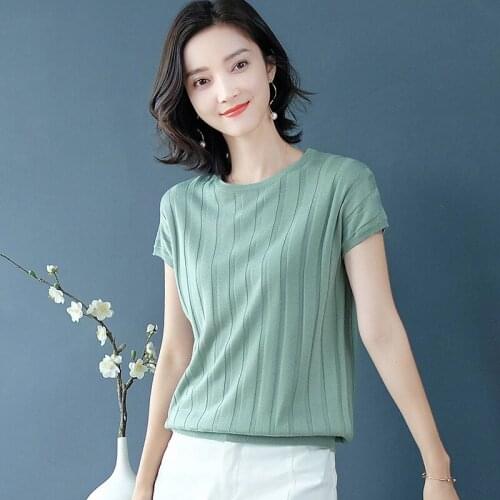 Stripes show thin silk knitted T-shirt female short-sleeved ice bump color of preppy thin model set of head wind coat