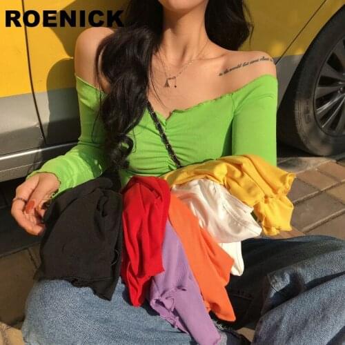 ROENICK Womens T-Shirts Solid Edible Tree Fungus Slash Neck Super Short T-Shirt Women Strapless Long-Sleeved Slim Exposed Navel