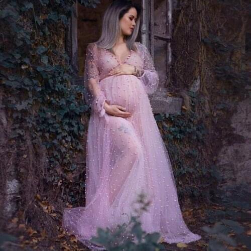 Eightree Sexy Pink Pregnant Evening Dresses Robes Pearls Long Tulle Robe See Through Formal Evening Party Dresses Custom Made