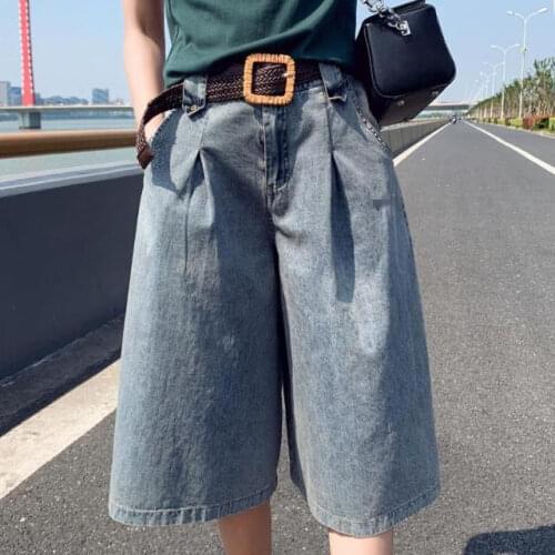 High Waist Wide Leg Denim Shorts For Women Half Long Summer Knee Length Jean Streetwear Pockets Casual Bermuda Shorts For Women