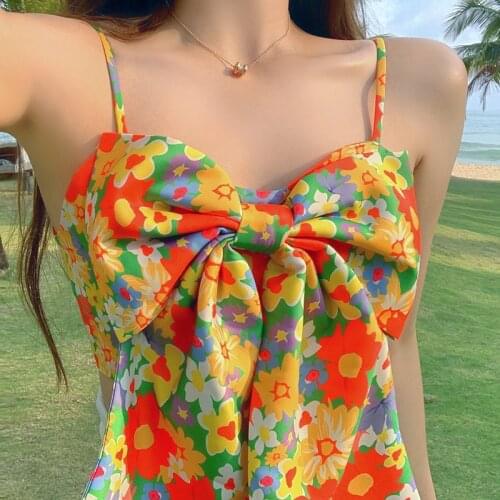 Camisole Floral Big Bow Backless Beach Women Sexy Tank Summer Sleeveless Sling Crop Top Ladies Party Clubwear Fashion T-shirt