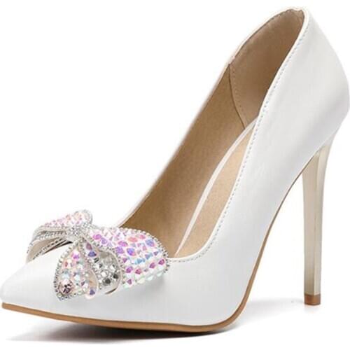 Women Pumps Stilettos Ladies Shoes PU Slip On 11CM Thin High Heels Pointed Toe Office Career Wedding Rhinestones Butterfly-knot