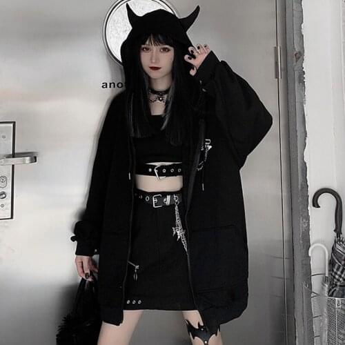 Emo Clothes Zip Up Hoodie Women Harajuku Punk Gothic Sweatshirt Black Devil Horn Zipper Coat Oversized Streetwear Alt Clothes
