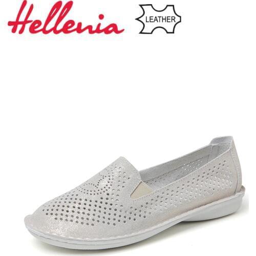 Hellenia shoes woman spring summer natural cow leather flats slip-on breathable with holes luxury rubber outsole casual sneakers