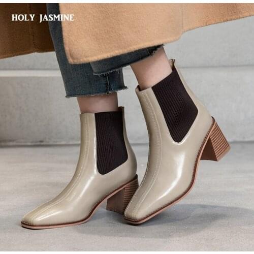 2021 Autumn New Square Toe Women Ankle Boots Chunky 6.5cm High Heel Elastic Boots Female Slim Fit Boots Fashion Botas Mujer