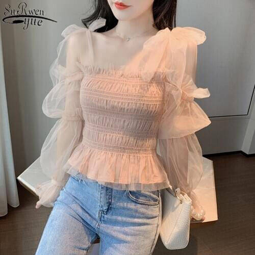 Ropa De Mujer Fashion Women Shirts Mesh Ladies Top 2021 Autumn Korean Off-Shoulder Top Sweet Long Sleeve Chiffon Blouses 10849