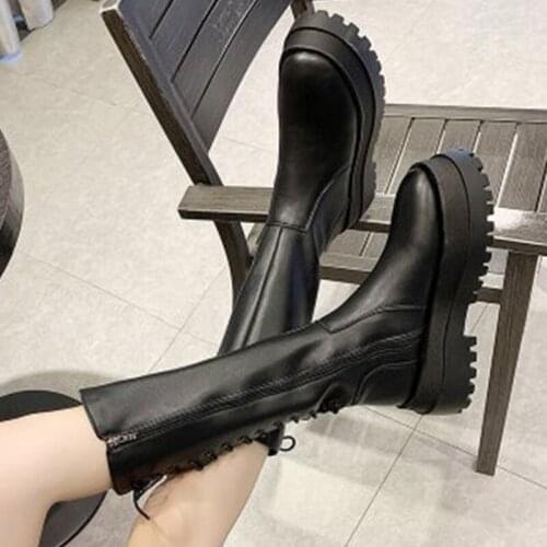 Women Platform Mid Calf Boots High Heels Autumn Winter High Boots Fashion Lace Up Zipper Black Motorcycle Boots Female Shoes
