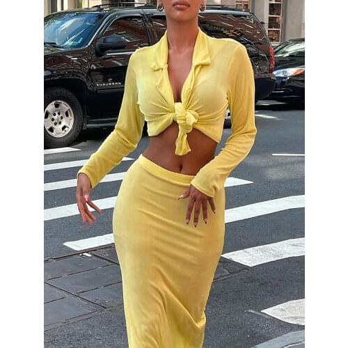 Tossy Deep V Neck Solid Long Sleeve Summer Women Two Piece Dress Sets Sexy Ruched Top And Skirt Set Slim Partywear Suits 2021