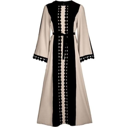 40GC Women Muslim Long Sleeve Maxi Dress Lace Polka Stitching Islamic Middle East Dubai Robe Color Block Belted Abaya Kaftan
