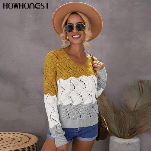Za Womens Sweater Autumn Winter Striped Stitching New Long Sleeve V-neck Pullovers Loose Casual Fall Ladies Blouses Female Tops