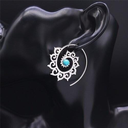 2021 Bohemia Flower Stainless Steel Stone India Hoop Earing for Women Silver Color Earrings Jewelry aretes de mujer E9205S04