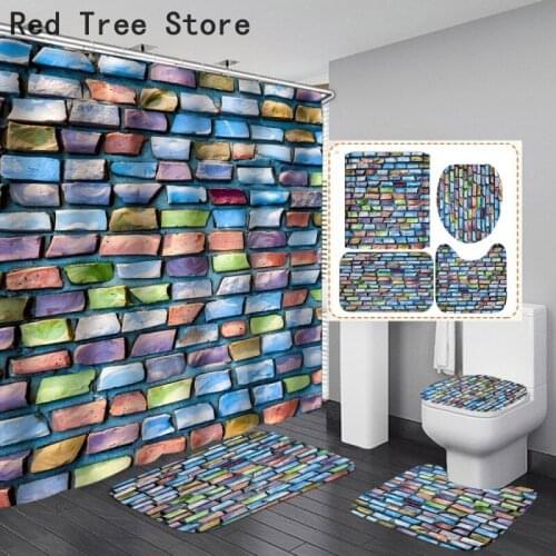 Bathroom Decor Wall Bricks 3D Shower Curtain 4pcs Set Toilet Lid Cover Non-Slip Bath Mat Rug Waterproof Toilet Seat Accessories