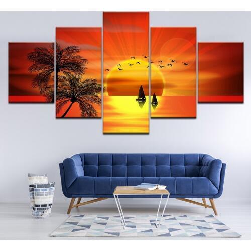 5 panel Modern Framed Wall Painting Decoration Beautiful Sunset Art Picture Paint Sailboat On Canvas Print Modular Cuadros Decor