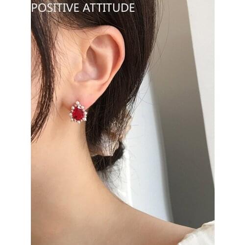 Korea Accessoires water drop wine red CZ imitation pearl female earrings wedding engagement Valentines Day gift bijoux