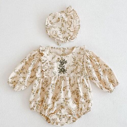 Korean Style Infant Baby Girls Jumpsuit+Hat Baby Girl Bodysuits Cotton Long Sleeve Floral Printing Spring Autumn Baby Clothes
