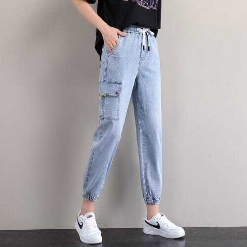 GUUZYUVIZ Blue Mom Jeans Vintage High Waist Denim Harem Pants Ladies Jeans Trousers Korean Elastic Waist Plus Size Loose Casual
