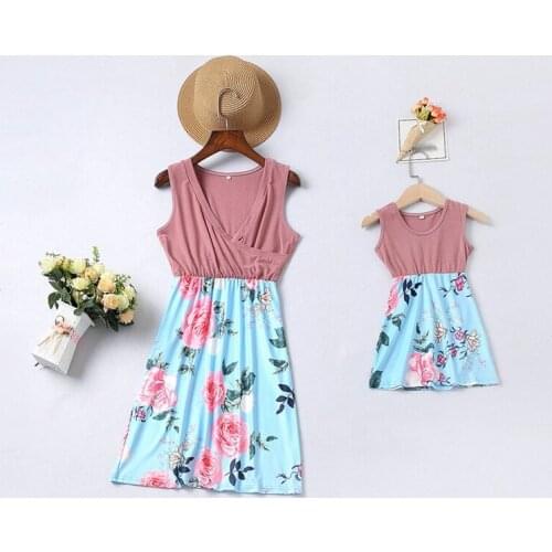 Summer Mother Daughter Matching Outfits Sleeveless Floral Printed Matching Family Dresses For Mom and Girls