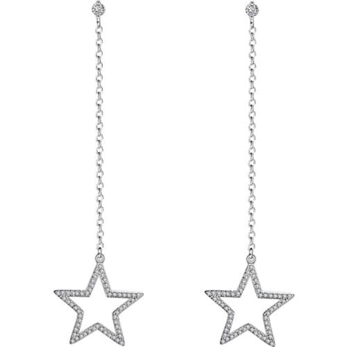 925 Sterling Silver Fashion Star Design Shiny Zircon Long Stud Earrings for Women Girls 2018 New Hot Sale Wholesale Jewelry Gift