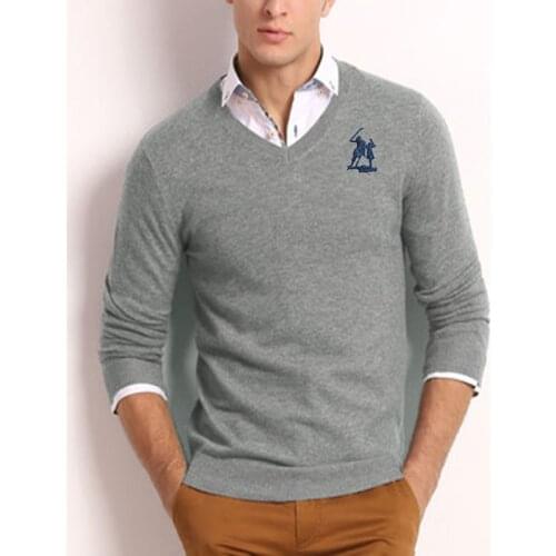 Mens Autumn Clothes Long-Sleeved V-Neck Brand Sweater 100% Cotton Embroidered Big Horse Loose Pullover Casual British Style Top