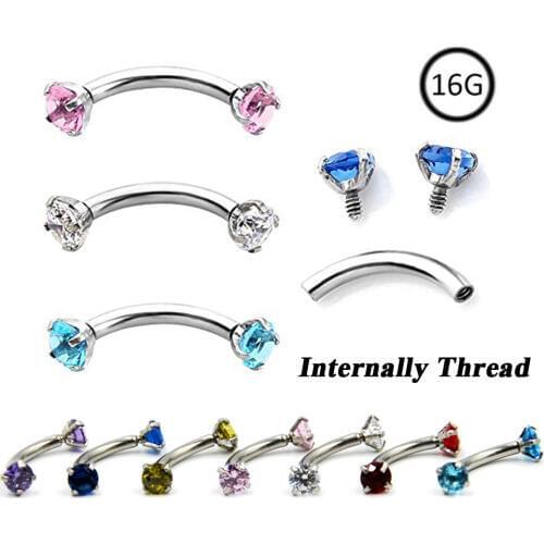 Colorful Crystal Internally Thread Prong Set Double Gem Eyebrow Ring Curved Barbell Piercing Body Jewelry 16g