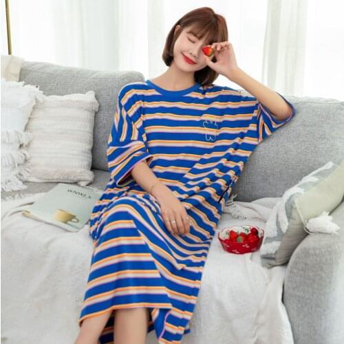Women Cotton Summer Dress Fashion Loose Cartoon Stripe Oversized Nightwear Comfortable Nightgown Nightdress Nightshirt