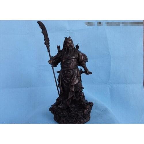 Song voge gem S0775 15 Chinese Red Bronze Copper Nine Dragon Guan Gong GuanYu Warrior Buddha Statue