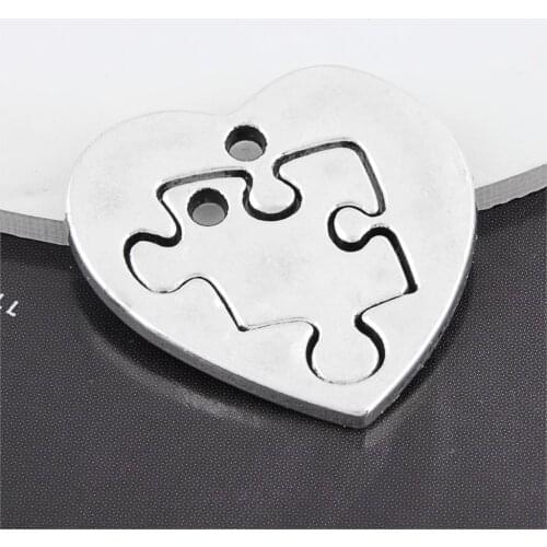3Sets Silver Color Heart Shaped Splice Charms Making Jigsaw Puzzle Couple Pendant Necklaces Jewelry Accessories 27X26mm A3221