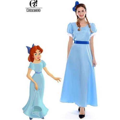 ROLECOS Peter Pan Wendy Blue long cosplay costume beauty lady Dress half sleeve causal party dress for women