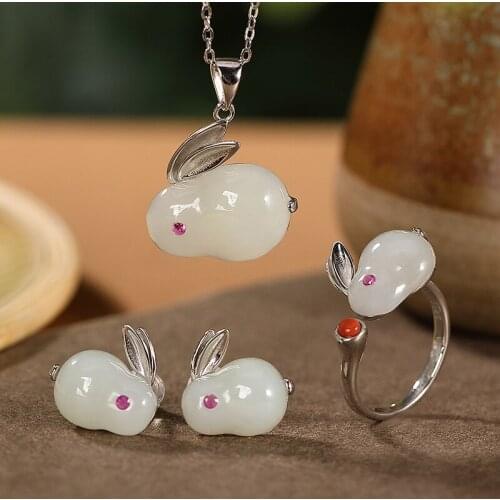 S925 sterling silver inlaid Hetian jade ear studs cute and graceful rabbit womens rings pendants earring set