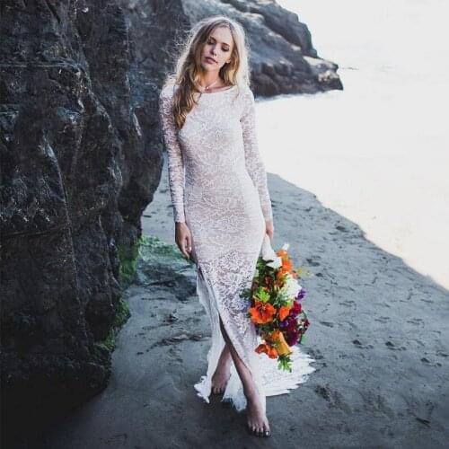 Summer Boho Lacec Long Sleeves Bridal Wedding Dresses Ivory Bateau Neckline Side Slit Wedding Gowns for Bride Open Back On Sale