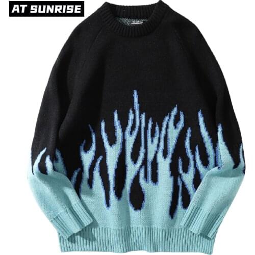 Men Women Hip Hop Streetwear Harajuku Sweater Couples Retro blue flame Sweater Knitted Sweater winter Cotton Pullover Unisex