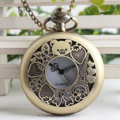 Vintage bronze Bear relaxation bear strawberries in Paris Hollow out Fashion quartz pocket watches chain gift