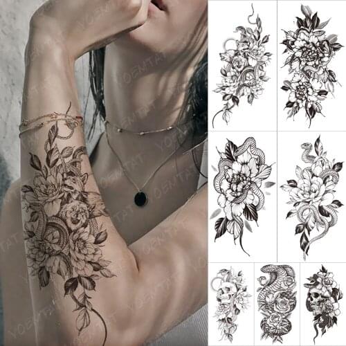 Waterproof Temporary Tattoo Sticker Snake Wolf Flowers Sexy Tatto Peony Skull Henna Body Art Arm Fake Sleeve Tatoo Women