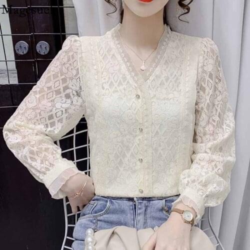 Autumn Sweet Flowers Lace Ruffle Blouse V-neck Elegant Hollow Out Shirts for Women Apricot Loose Womens Long Sleeve Top 16651
