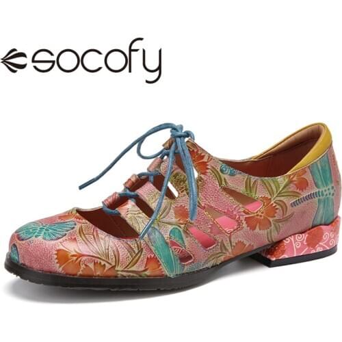 SOCOFY Women Elegant Retro Style Leather Lace Up Round Toe Low Heel Shoes Butterfly Flowers Hollow Shoes Casual Outdoor 2020