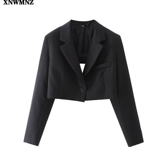 XNWMNZ Women Solid Black Crop Blazer Coat Vintage Notched Collar Pocket 2021 Fashion Female Casual Chic Tops
