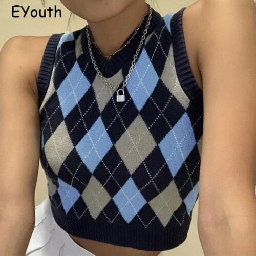 Vintage 90s Argyle Sweater Vest Women Y2K Sleeveless Plaid Knitted V Neck Crop Top Casual Autumn Preppy Style Clothes Knitwear