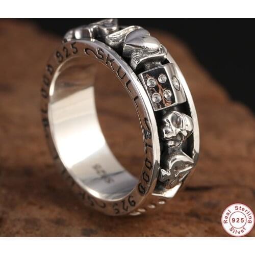 100% 925 Silver colour Skull Spinning Ring Vintage S925 Sterling Silver colour women and men Heart-shape Ring Turning Ring