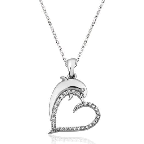 Real Silver 925 Jewelry Sterling Silver Heart Dolphin Fish Lady Necklace