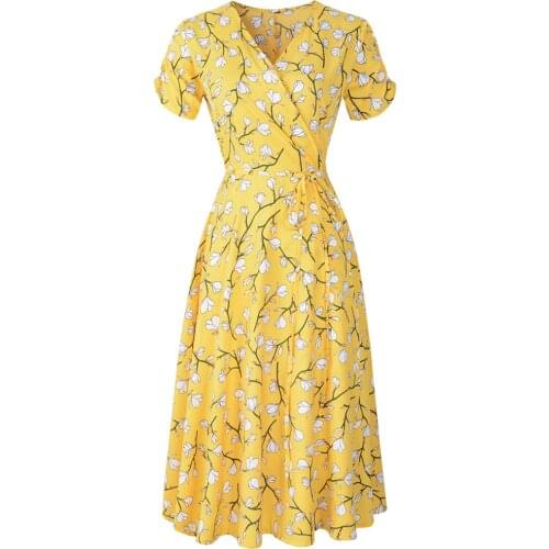 Women Yellow Dress V Neck Holiday Floral Print Long Maxi Wrap Dress Ladies Summer Short Sleeve Party Dresses 2021 New Ropa Mujer