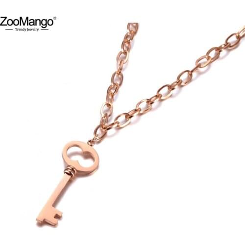 ZooMango Fashion Office Style Titanium Steel Love Key Charm Pendant Jewelry Rose Gold Chain & Link Necklace For Women ZN19108