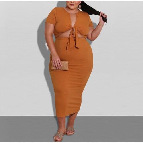 4XL 5XL Plus Size Sets For Women Crop Tops & Skirts 2 Pieces Solid High Waisted Bodycon Elegant Fashion Outfts Matching Sets New
