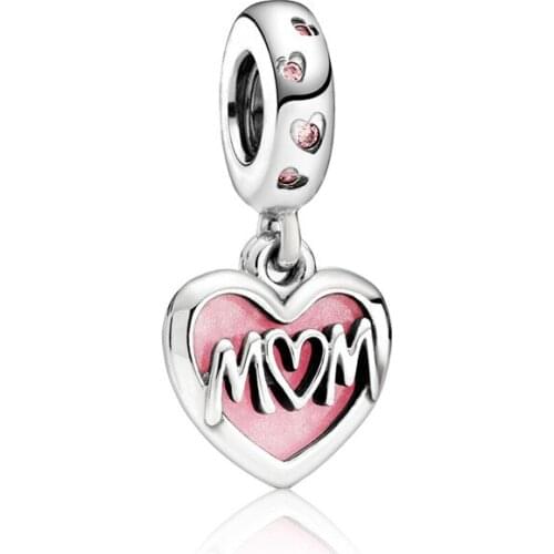 5PCS Simple Style Pink Enamel Heart Shape MOM Love Beads Fit Original Charm Bracelets Necklaces Women DIY Making Jewelry