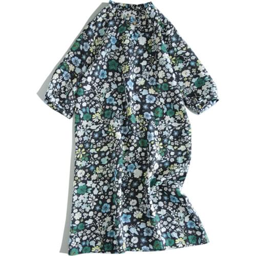 Pure ramie dress with auricular collar and 7 / 4 sleeve printed long Dress 2021 summer womens new 238